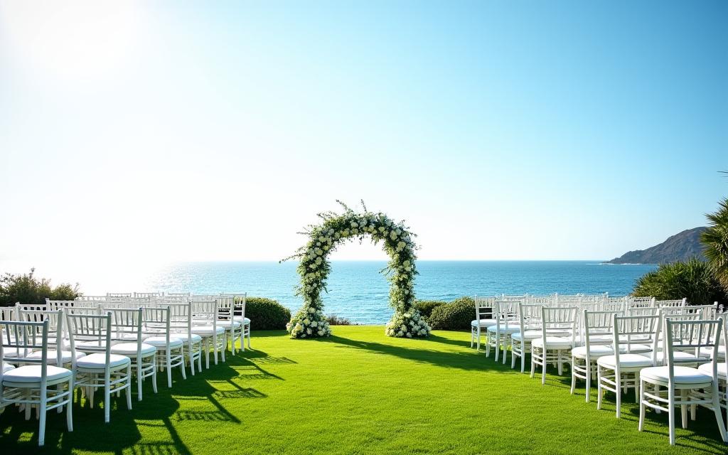 An outdoor wedding ceremony on a lush lawn overlooking the sea at a luxury coastal resort.